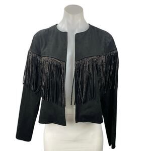 Zara Women's Black Faux Leather Suede Rhinestone Fringe Cropped Jacket Size S